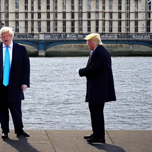 Image similar to a paparazzi photo of boris johnson on a date with donald trump along the houses of parliament, london, the sun newspaper, detailed, canon eos, f / 1. 2, 2 0 0 mm lens