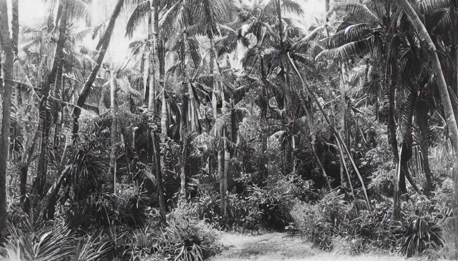 Image similar to lost film footage of a sacred object in the middle of the ( ( ( ( ( ( ( ( ( tropical jungle ) ) ) ) ) ) ) ) ) / film still / cinematic / enhanced / 1 9 2 0 s / black and white / grain