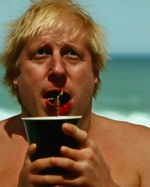 Image similar to film still close - up shot of boris johnson drinking a beer on the beach from the movie monty python's the meaning of life. photographic, photography