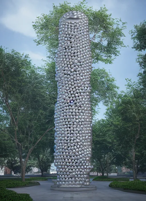 Image similar to highly detailed realistic architecture 3 d render of a futurisctic metallic stele made from balls standing in a city park, archdaily, made in unreal engine 4 octane render