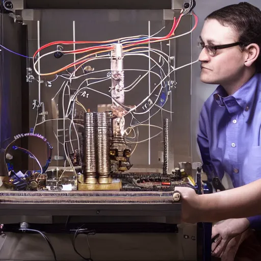 Prompt: a person inventing a quantum ai computer, steampunk