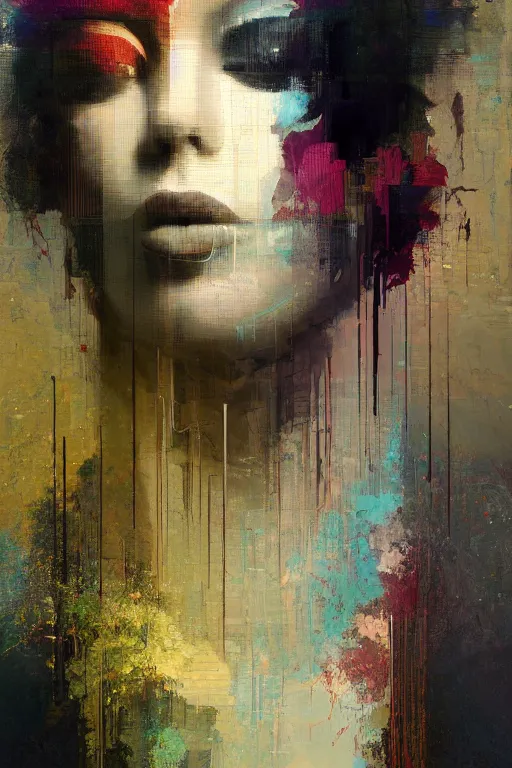 Image similar to a beautiful glitched painting by christian hook of a woman in a bathroom, geometric shapes and pixel sorting, brushstrokes by jeremy mann, still life, dark colors