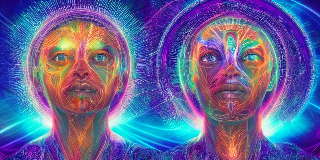 Image similar to transcendence into collaborative intelligence, endless collaboration with ai, connectedness, body, by alex grey, album cover, award winning, beautiful, colorful, volumetric lighting, trending on artstation, cinematic