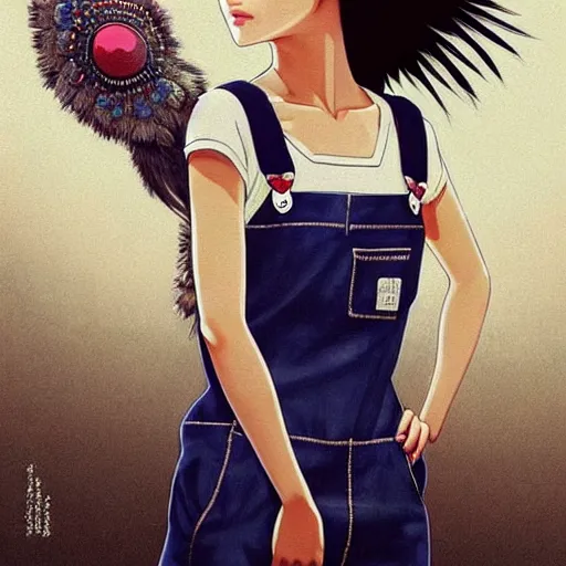 Image similar to a beautiful young japanese natalie portman alluring gravure model, wearing elegant designer overalls, elegant overalls with mesoamerican patterns, mesoamerican native street fashion, princess mononoke, by and wlop and ilya kuvshinov and artgerm and, aesthetic, gorgeous, stunning, alluring, attractive, artstation, pinterest, digital art