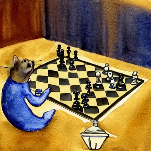 Image similar to a hamster playing chess, seen from the opponents view across the board, watercolour