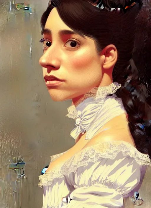 Prompt: a portrait of a young hispanic woman with a crooked nose in victorian clothing, confident pose, intricate, elegant, sharp focus, illustration, highly detailed, concept art, matte, trending on artstation, anime, art by james jean and artgerm and brian despain and alberto mielgo, greg rutkowski, wlop, ilya kuvshinov, strong strokes