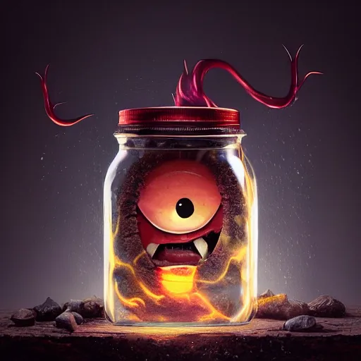 Image similar to Evil monster in a jar by Greg Rutkowski, product photography, centered, studio lightning