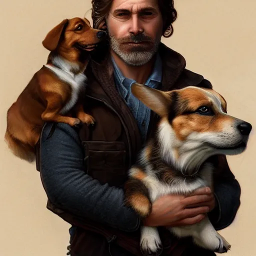 Prompt: portrait of a young, ruggedly handsome man holding a corgi dog, soft hair, muscular, half body, cloth, hairy, d & d, fantasy, intricate, elegant, highly detailed, digital painting, artstation, concept art, smooth, sharp focus, illustration, art by artgerm and greg rutkowski and alphonse mucha