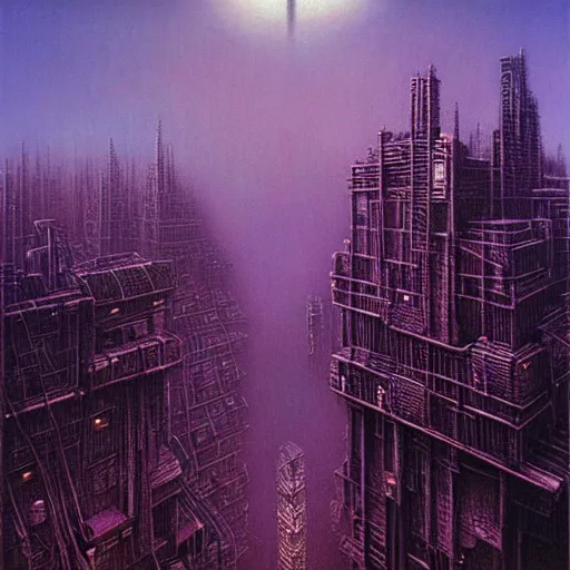 Prompt: purple cyberpunk city, by Beksinski