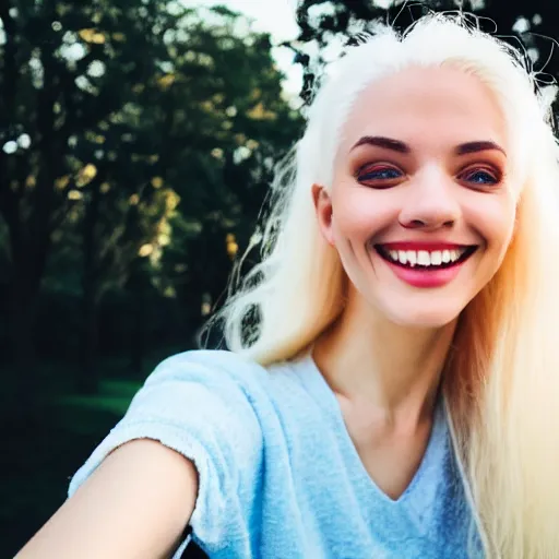 Image similar to beautiful selfie of a cute thin young woman smiling smugly, long light platinum blonde hair, flushed face, small heart - shaped face, cute freckles, light blue eyes, golden hour, 8 k, instagram