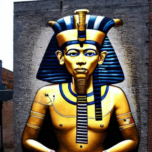 Prompt: a graffiti portrait of king tutankhamen, street art, highly detailed by banksy