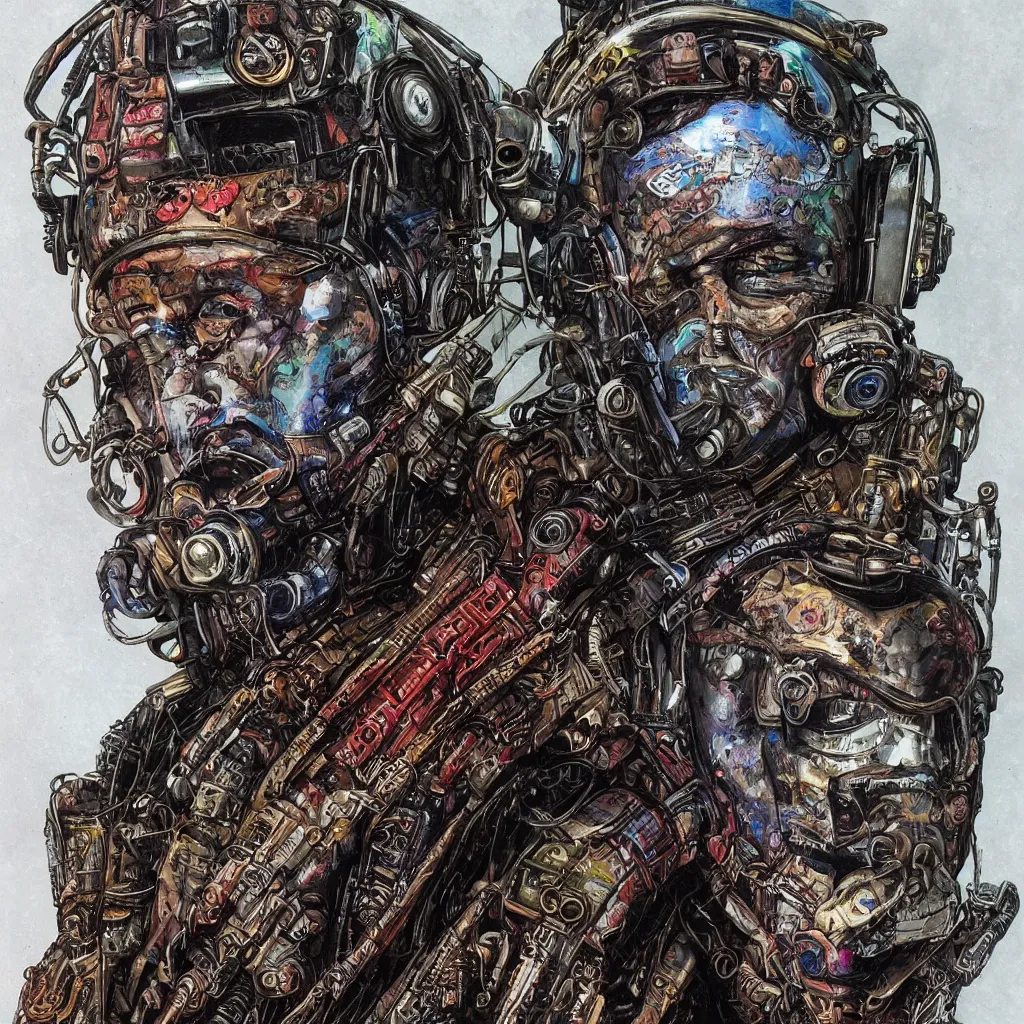 Prompt: A dramatic full-color cyberpunk art nouveau styled bust portrait of philthy animal taylor as a futuristic space punk rebel drum soldier, hyperdetailed mixed media artwork combining the styles of Travis Charest, Michael Whelan, Chris Achilleos and Sam Kieth, wild power, stoicism, pessimism, confident shaded eyes, tarnished and rusted metal, wrought iron architecture, perfectly symmetrical facial features, 8k, deeply hyperdetailed, cinematic lighting, realistic mechanical details, 8k, UHD, HDR