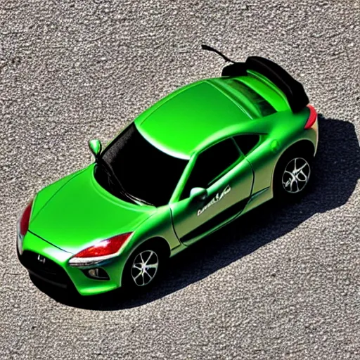 Image similar to a redhead woman driving a Jada toys mitsubishi eclipse green diecast car, high resolution macro photo, viewed through the cars window