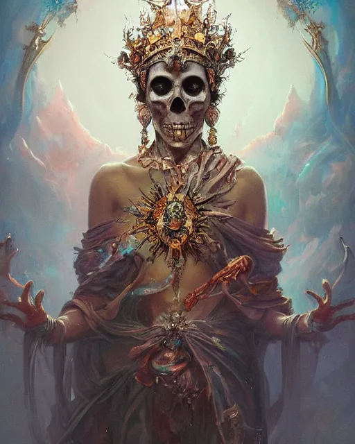 Prompt: 4k cinematic full view ethereal Skull wearing intricate religious gilded Madonna crown by Peter Mohrbacher, by Ruan Jia, by Greg Rutkowski, detailed and realistic, poetic and symbolic, Trending on Artstation