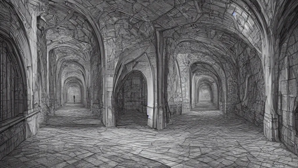 Image similar to a beautiful hyper realistic detailed matte painting of a a confusing place where the perspective is a broken concept and all the corridor and stairs will lead you to the same destination, dramatic lighting, dynamic lighting, cinematic lighting, dynamic lighting, cinematic lighting, lit by morning light, by maurits cornelis escher, black and white, featured on artstation, ultrawide angle