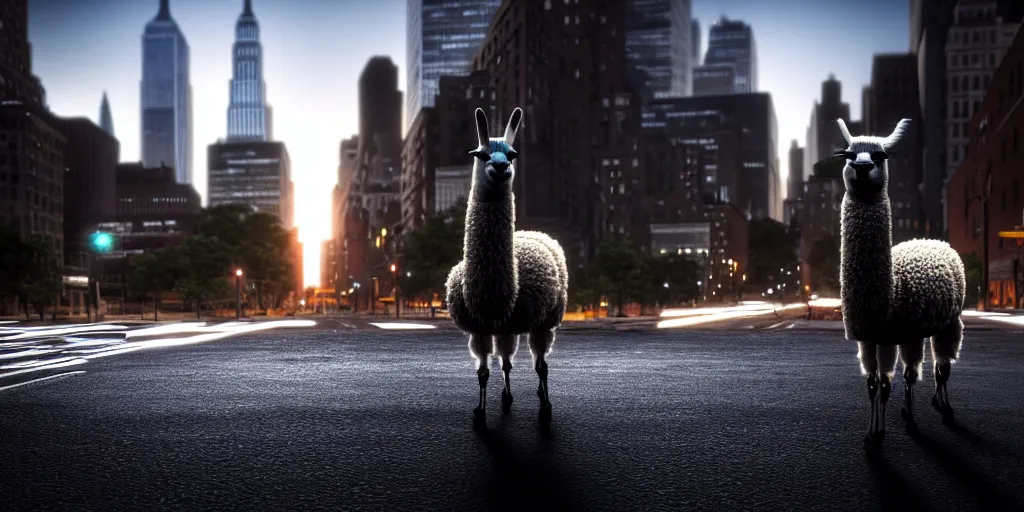 Image similar to a llama walking through a desolate manhattan city street at night, statue of liberty seen in the background, realistic 4 k octane beautifully detailed render, 4 k post - processing, highly detailed, detailed face, intricate complexity, epic composition, magical atmosphere, cinematic lighting, masterpiece, color picture, ultra hd