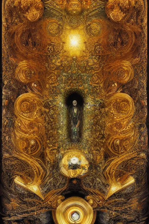Image similar to Divine Chaos Engine by Karol Bak, Jean Deville, Gustav Klimt, and Vincent Van Gogh, visionary fractal structures, ornate gilded medieval icon, spirals, 8k 3D