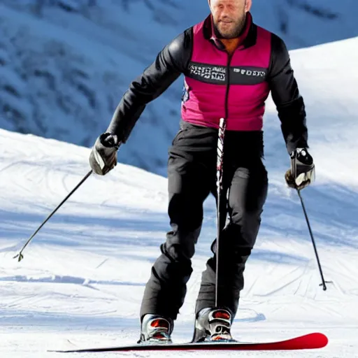 Image similar to jason statham skiing, full body shot, finely detailed