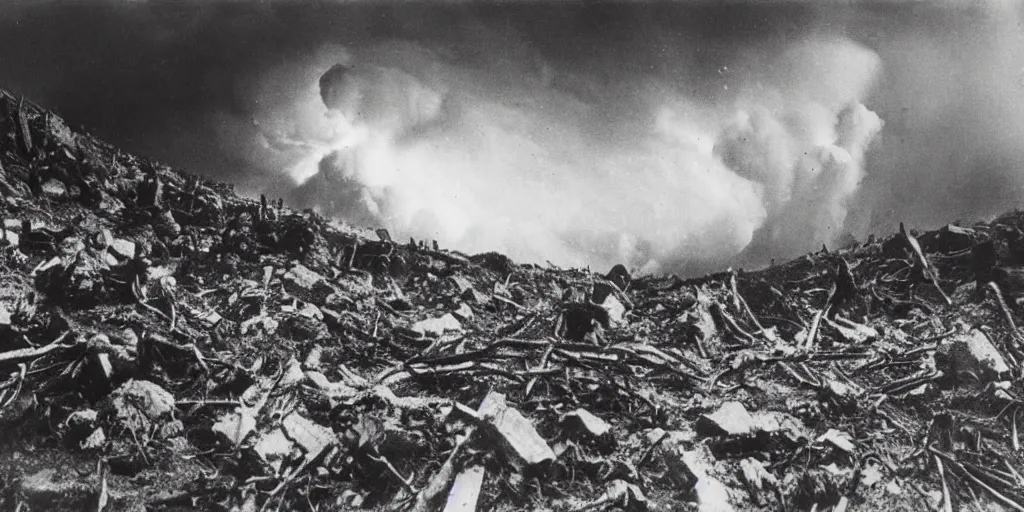 Prompt: 1 9 2 0 s photography of alpine mountain exploding, cleared forest, lonely human workers with pickaxes and gas masks, eerie, dark, by william hope