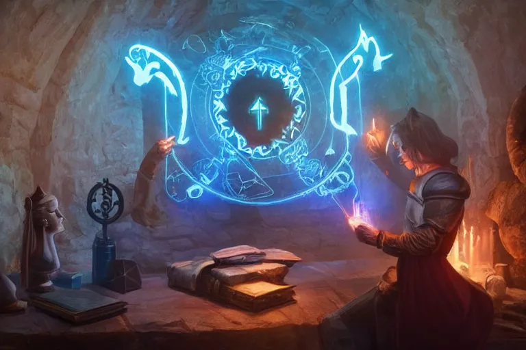 Image similar to A skilled sorcerer in their study, drawing glowing magic runic symbols in the air, enchanting objects with glyph magic, D&D fantasy setting, 4k