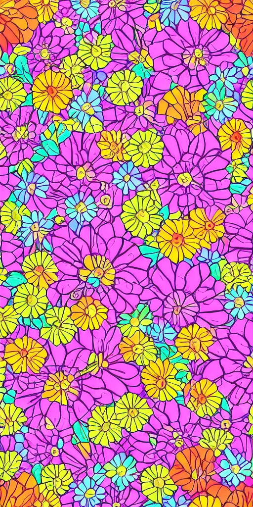 Prompt: seamless pattern of flowers, colourful, symmetrical, repeating 35mm photography