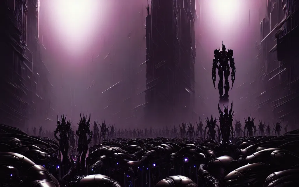 Prompt: a cinematic scene of an army of black cyborg demons by moebius and stephan martiniere and dan mumford, trending on artstation, digital art, 4 k resolution, detailed, high quality, sharp focus, hq artwork, insane detail, cinematic, volumetric lighting, dramatic lighting, epic light, cinematic aesthetic