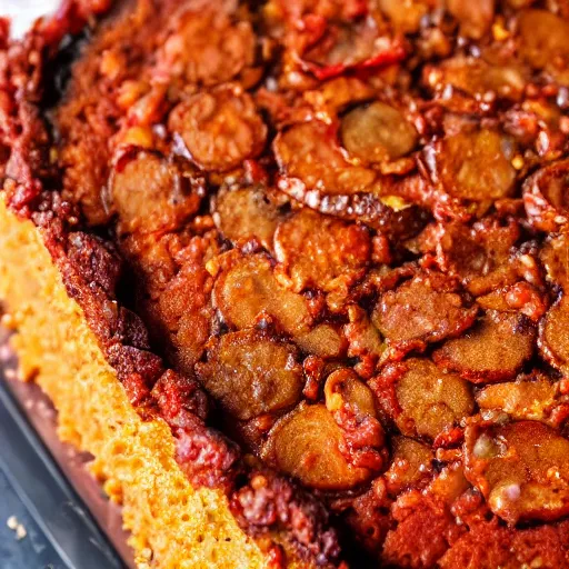 Prompt: close view of a beautiful and delicious chorizo cake piece, chorizo slices on top, 4 k