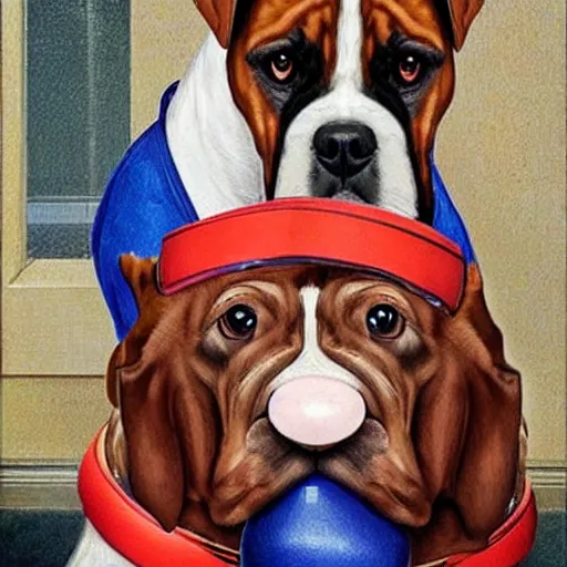 Image similar to boxer dog boxing Donald trump in the style of Norman Rockwell