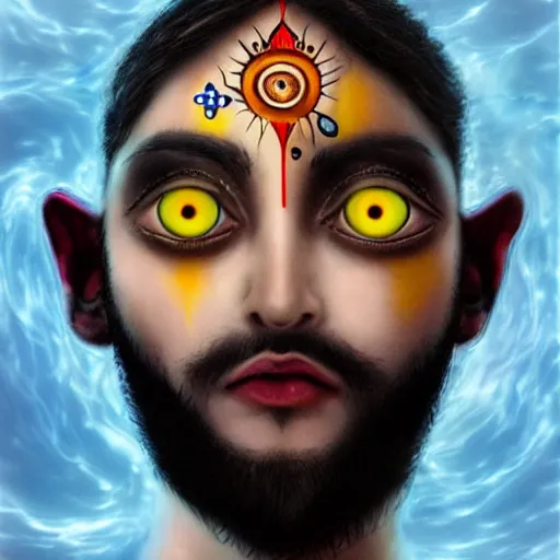 Prompt: three eyed goddess, third eye in middle of forehead, wide shot, hairy bodies, feet in water, beautiful colors, eye in forehead, pins, beautiful lighting, very detailed, eyes reflecting into eyes reflecting into infinity