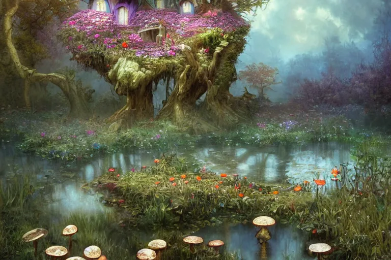Image similar to wide angle view, a beautiful digital painting of a fairy house made of mushroms in a lake, flowers, beautiful tranquil day, by greg rutkowski, brian froud, peter mohrbacher, jean - baptiste monge, and alphonse mucha, symmetry, complementary colors, ink illustration, trending on artstation
