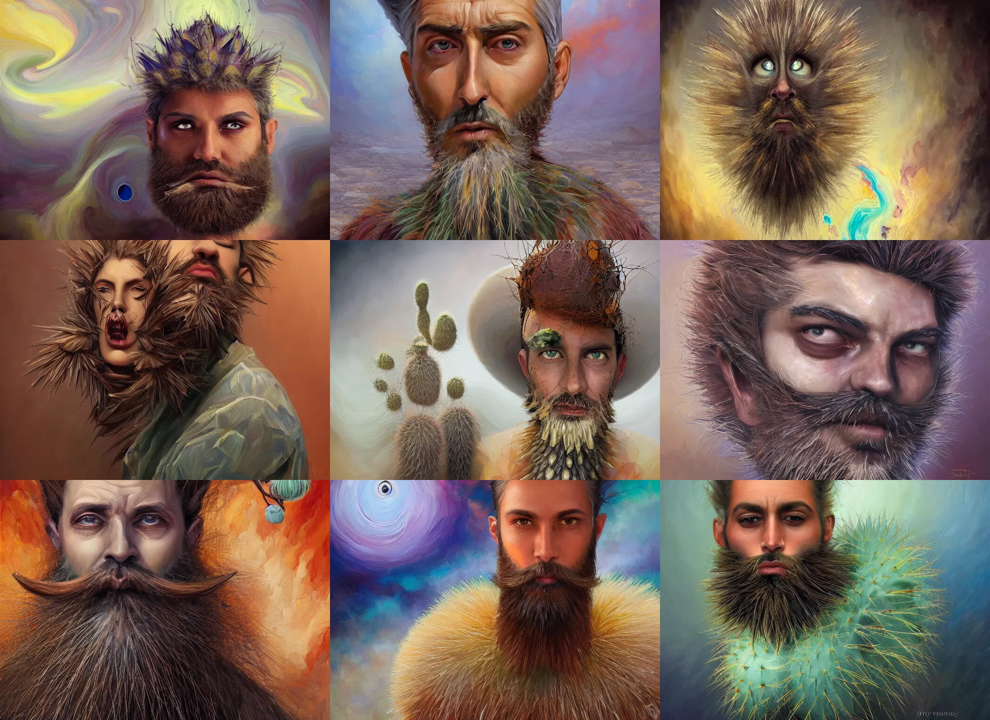 Prompt: a man with stylish beard portrait, peyote cactus desert, oil painting of gloomy abstract surrealist forms by yvonne mcgillivray by mandy jurgens by michael divine, powerful eyes glowing highly detailed painting of gloomy, spiritual abstract forms, symmetrical, artstation, abstract emotional rage expression, fantasy digital art, patterned visionary art, by michael divine, cosmic nebula