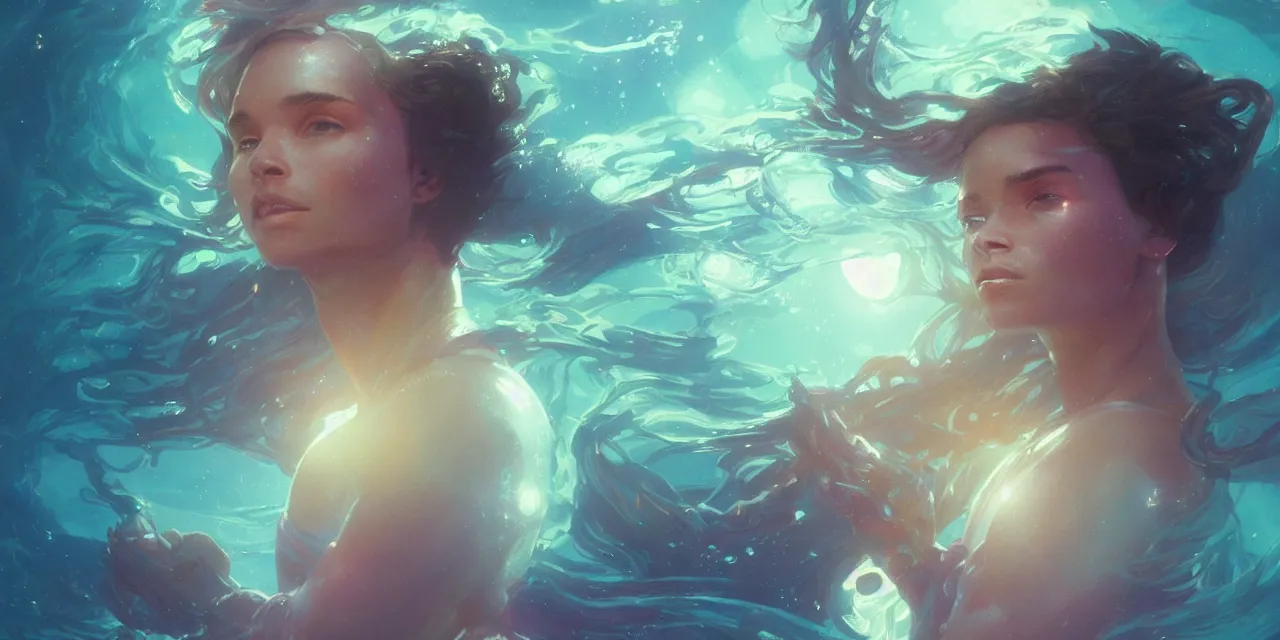 Image similar to dream zoe kravitz astronaut, underwater in the ocean at night, atmospheric, volumetric lighting, glowing lights, 4k, octane, digital painting, artstation, concept art, sharp focus, illustration, art by artgerm and greg rutkowski and alphonse mucha