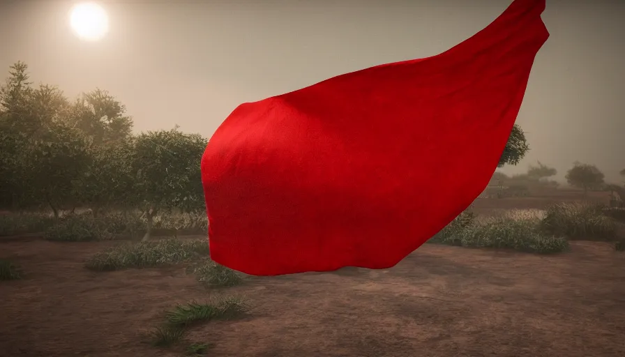 Image similar to red cloth floating, cloth simulation, photorealistic rendering, volumetric lighting, octane, redshift, 4 k