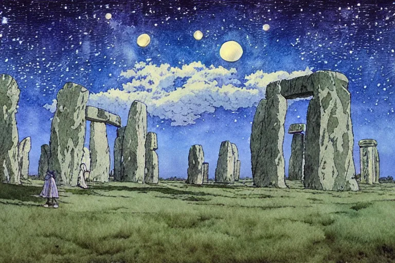 Image similar to hyperrealist studio ghibli watercolor fantasy concept art of a 1 0 0 ft. giant sittong on stonehenge. it is a misty starry night. by rebecca guay, michael kaluta, charles vess