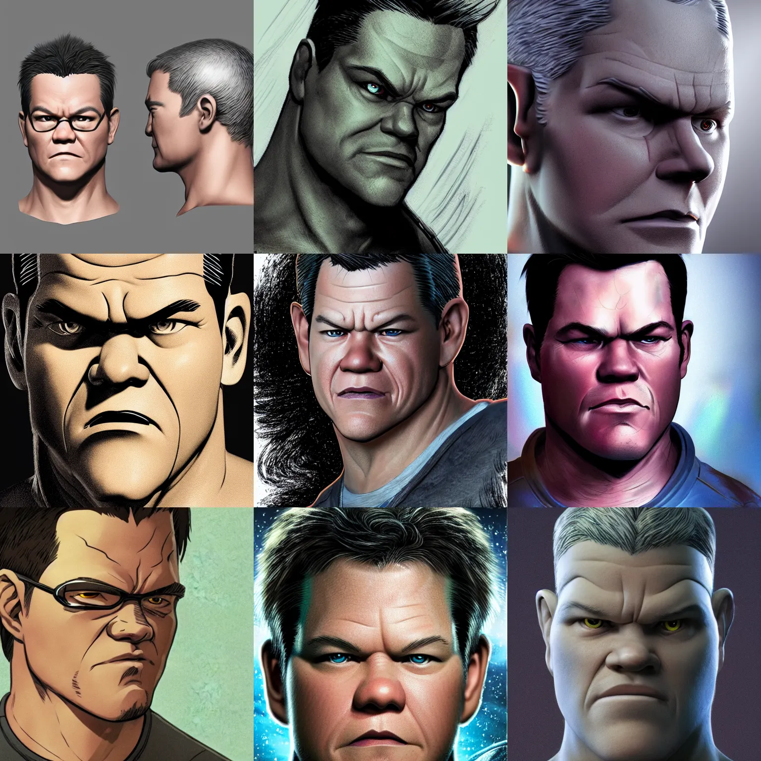 Prompt: character design, matt damon jim lee style, 2 d concept art head macro shot