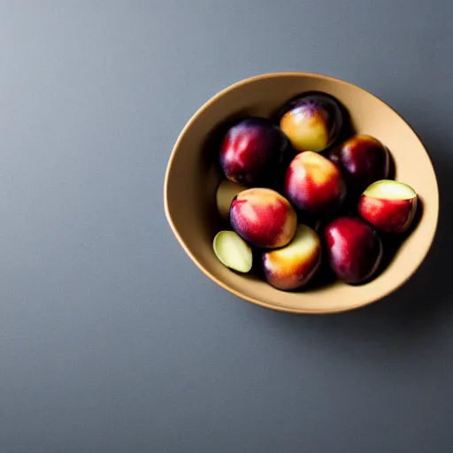 Prompt: photo of a thick porcelain bowl filled with a few moist freshly picked plums on a wooden table. volumetric lighting. 4 k. small scale. realistic. top down.