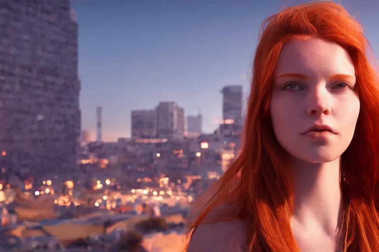 Prompt: hyperrealistic portrait of stunningly beautiful redhead nordic girl, lit by dawn light, busy city on background, trending on artstation,ultrawide angle, f8 , polarizer , unreal engine