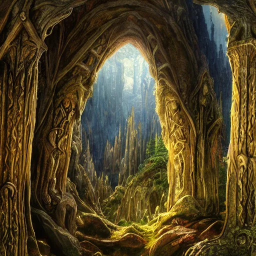 Image similar to a beautiful and highly detailed oil painting of an elven temple deep in the misty mountains, secret valley, tall spires, beautiful trees, runes carved into the stone, intricate details, epic scale, insanely complex, 8 k, sharp focus, hyper realism, fantasy landscape, psychedelic, by caspar friedrich, brian froud, albert bierstadt,