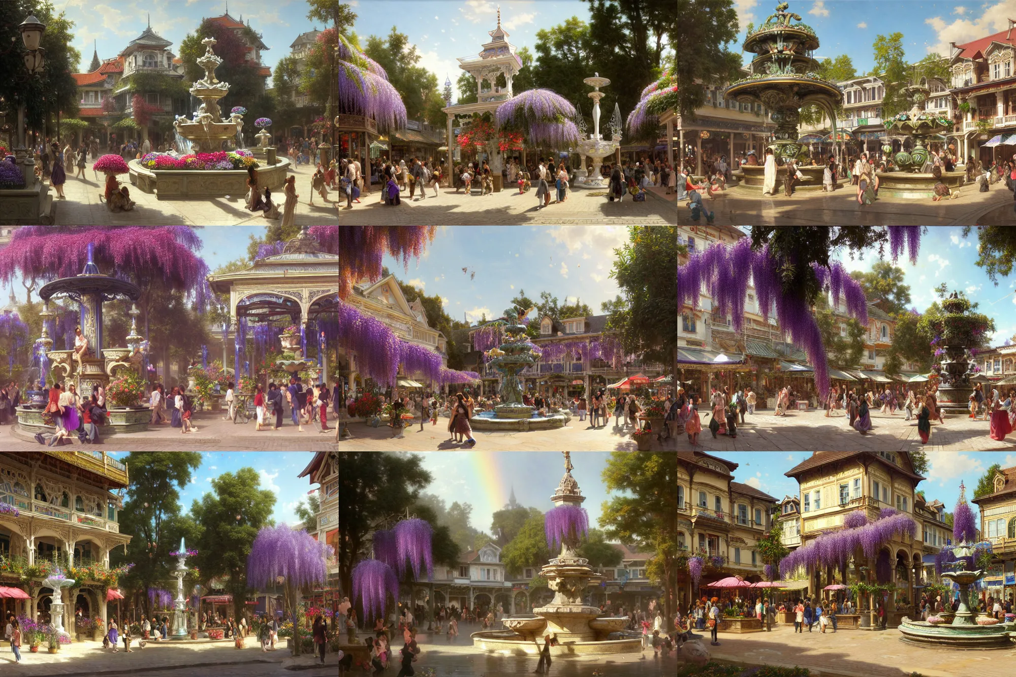 Prompt: detailed illustration of a town square, large ornate victorian crystal water fountain, rainbow wisteria, vibrant flora, ecopunk aesthetic, busy, bustling, customers and merchant stands, god rays, bloom, by bouguereau, by ruan jia, by conrad roset, by yoshitaka amano, cgsociety, artstation.