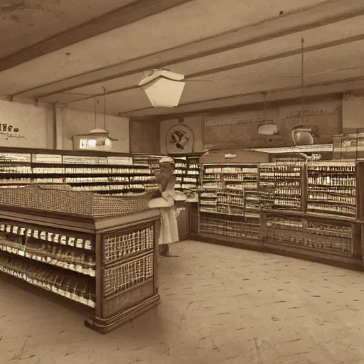 Prompt: the inside of a 1 9 2 8 grocery store with a national cash register from 1 9 0 4 on the desk. hyper - realistic, realistic color 3 d render