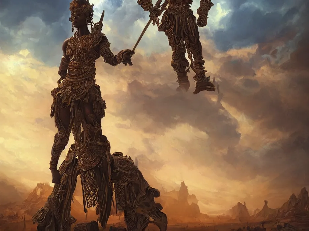 Image similar to a beautiful oil on canvas of an afrofuturistic warrior, beautiful, stunning, ornate. great lighting. post - apocalyptic landscape in the background, epic sky, vray render, artstation,, pinterest, sci - fi, afrofuturism, 5 0 0 px models