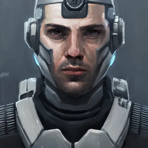 Image similar to portrait of a man by greg rutkowski, a soldier of the galactic federation wearing a gray and black tactical gear, star wars expanded universe, highly detailed portrait, digital painting, artstation, concept art, smooth, sharp foccus ilustration, artstation hq