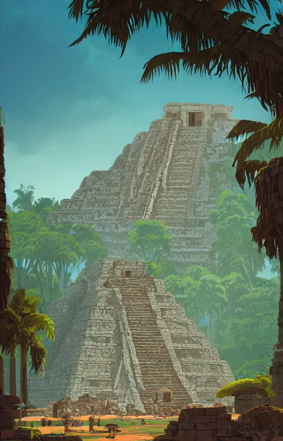 Prompt: mayan ruins, sharp focus, james gilleard, moebius, print, game art