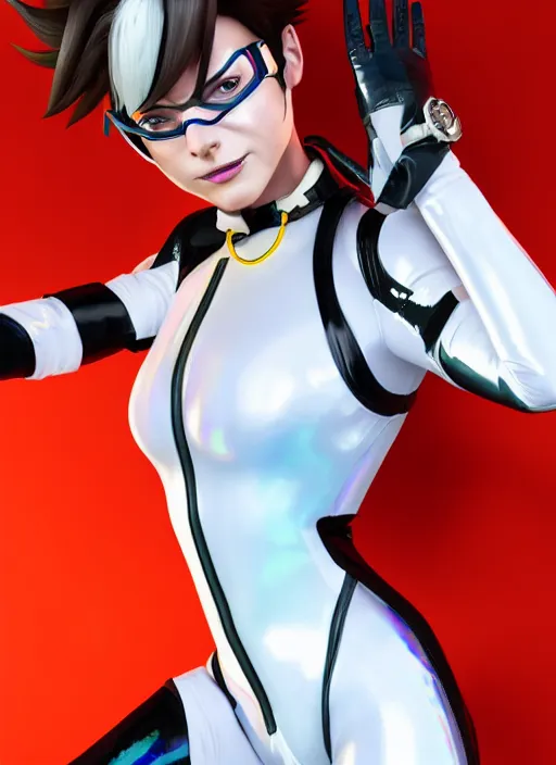 Image similar to portrait bust digital artwork of tracer overwatch, wearing white iridescent rainbow latex and leather straps catsuit outfit, 4 k, expressive happy smug expression, makeup, in style of mark arian, angel wings, wearing detailed black leather collar, chains, black leather harness, detailed face and eyes,
