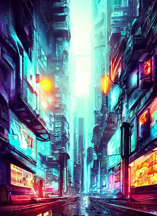 Image similar to sci-fi cyberpunk city street, billboards, neon holograms, neon signs, rainy night, dramatic lighting, cinematic, establishing shot, extremely high detail, foto realistic, cinematic lighting, pen and ink, intricate line drawings, post processed, concept art, artstation, matte painting, style by Raphael Lacoste, Eddie Mendoza , Sebastian Lüdke