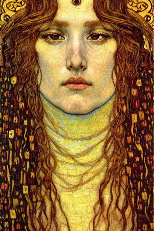 Image similar to detailed realistic beautiful young medieval queen face portrait by jean delville, gustav klimt and vincent van gogh, art nouveau, symbolist, visionary, gothic, pre - raphaelite, muted earthy colors, desaturated