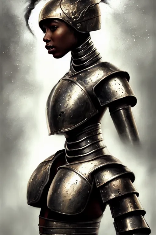 Prompt: a photorealistically painted portrait of an attractive young black girl, partially clothed in metal-plated battle armor, with an abstractly painted background, flawless skin, fair complexion, long dark hair, beautiful bone structure, perfectly symmetric facial features, perfect photorealistic eyes, natural physique, intricate, elegant, digital painting, concept art, finely detailed, beautifully illustrated, sharp focus, minimal artifacts, volumetric lighting, from DOOM and Halo, by Ruan Jia and Mandy Jurgens and Artgerm and William-Adolphe Bouguerea, in the style of Greg Rutkowski, trending on Artstation, award winning art