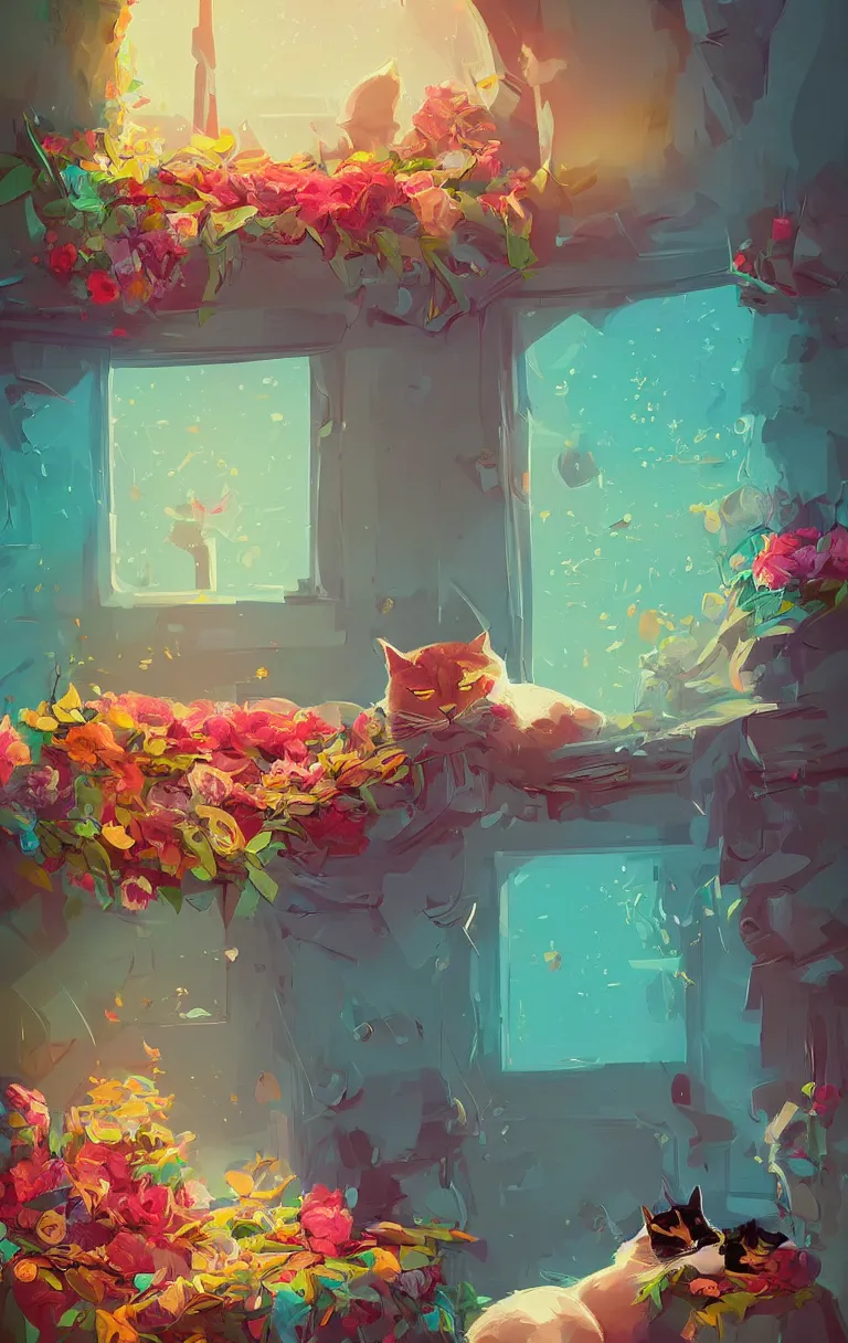 Image similar to a digital art of a cat sleeping in the room with flowers around in the afternoon, the sun shines in, animal, light effect, highly detailed, by anton fadeev