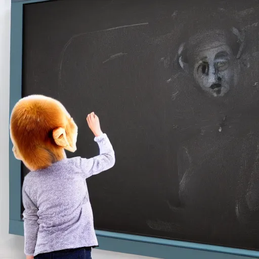 Image similar to Photograph of a monkey looking at a blackboard, but the monkey is confused. Detailed photo, realistic, 4k