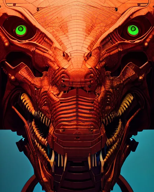 Prompt: mecha male t rex portrait, cyborg, intricate mechanical body, robot eyes, hyper realistic 3 d render by ilya kuvshinov, jonas roscinas, peter mohrbacher, greg rutkowski, ryohei hase, dramatic lighting, intricate, highly detailed, sharp focus, luminous, unreal engine, blender, artstation, masterpiece, ray tracing